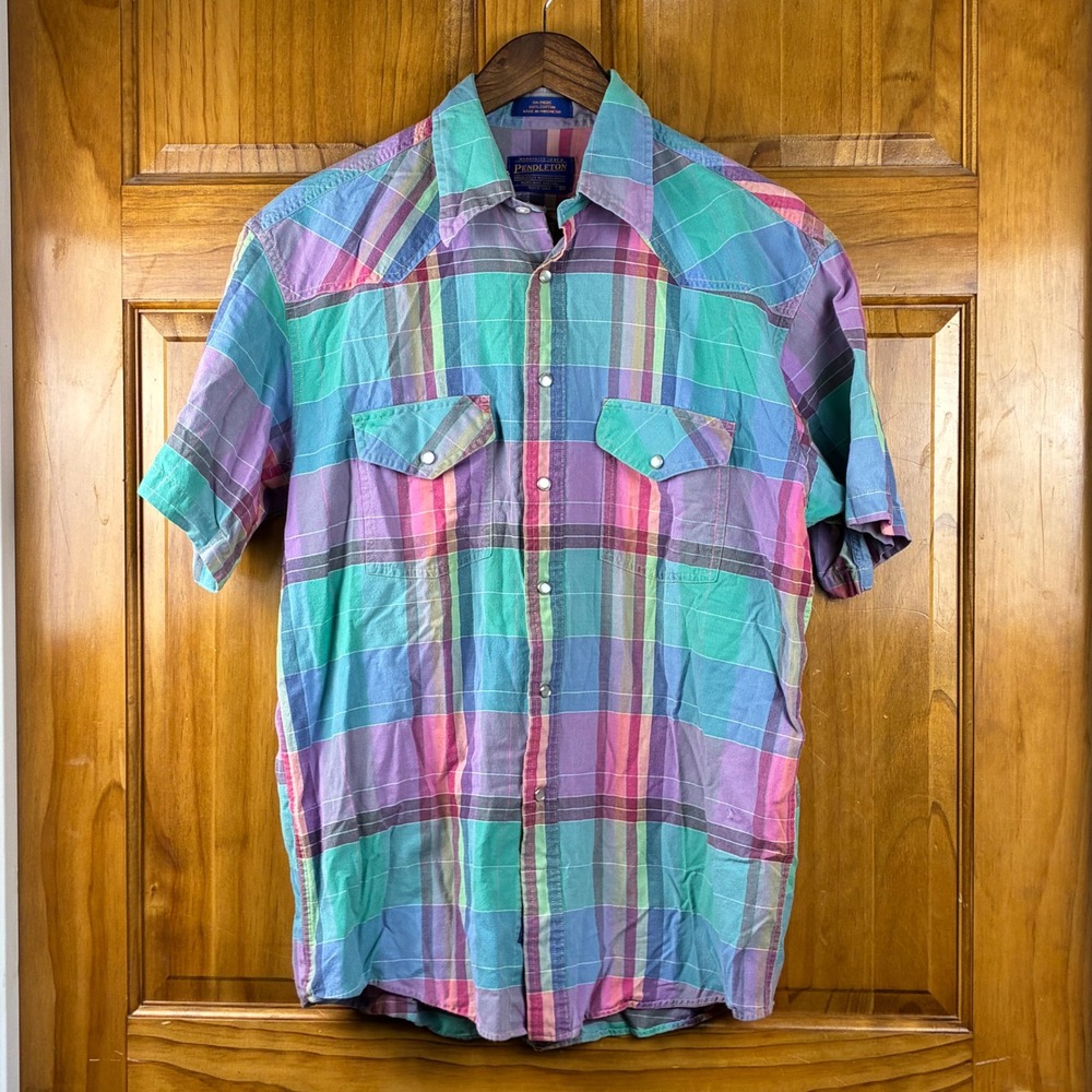 Pendleton Pastel Plaid Western Pearl Snap Shirt Short Sleeve Sz M High Grade